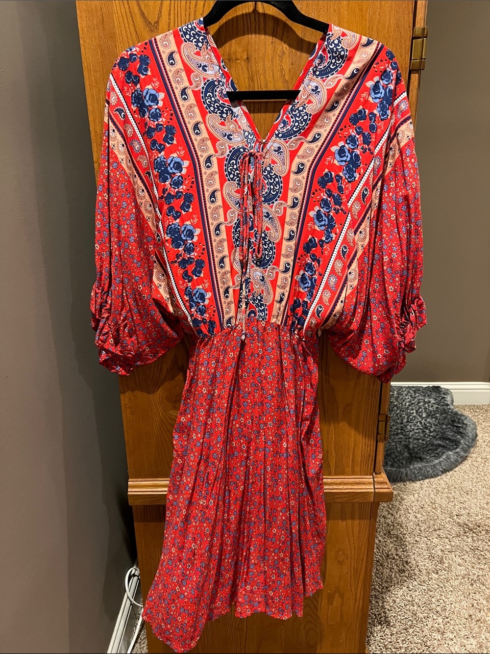 Umgee Red Paisley Floral V-Neck Long Sleeve Dress